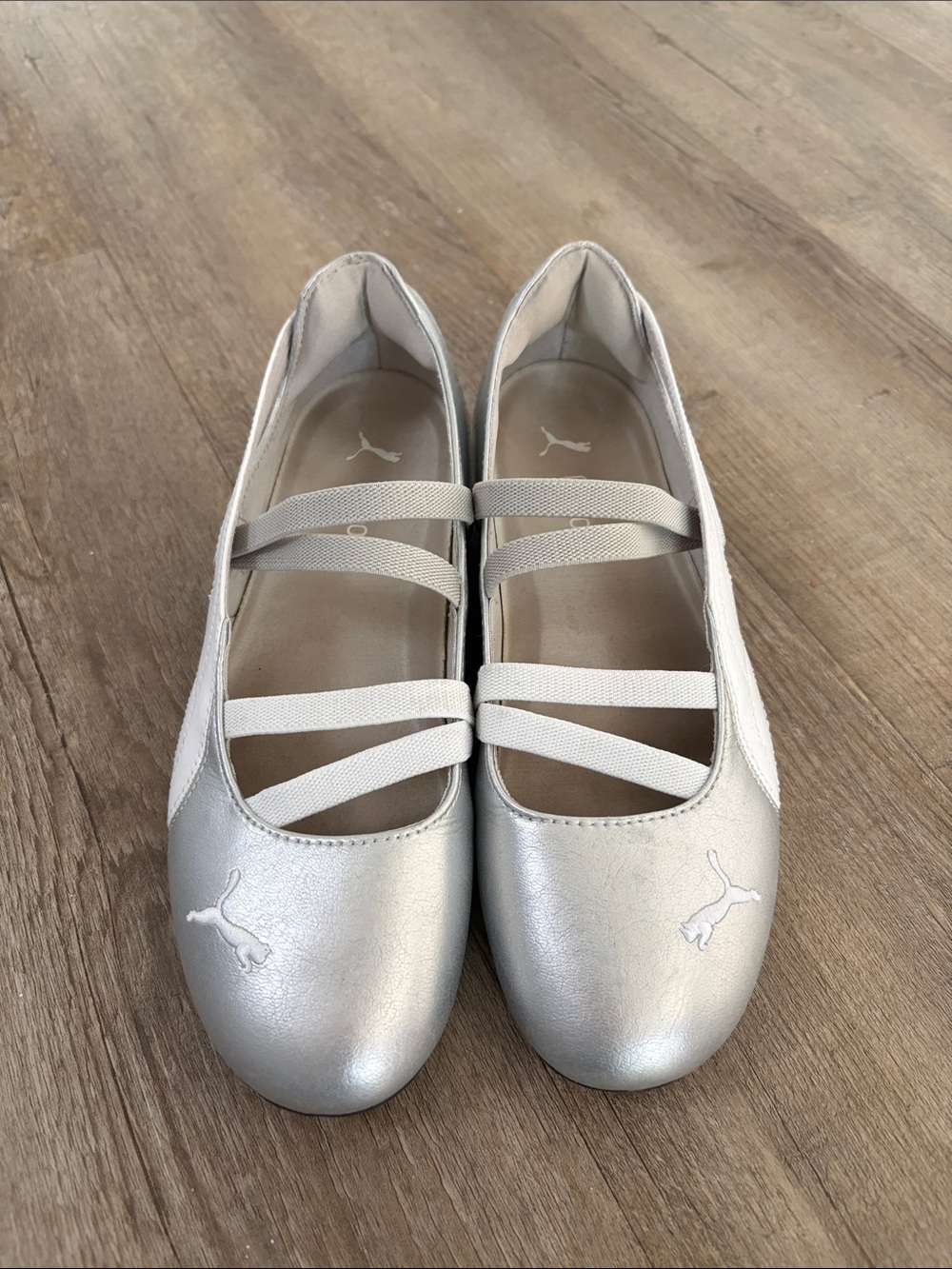 Puma Women's Speedcat Metallic Silver Ballet Flats with Elastic Cross Straps